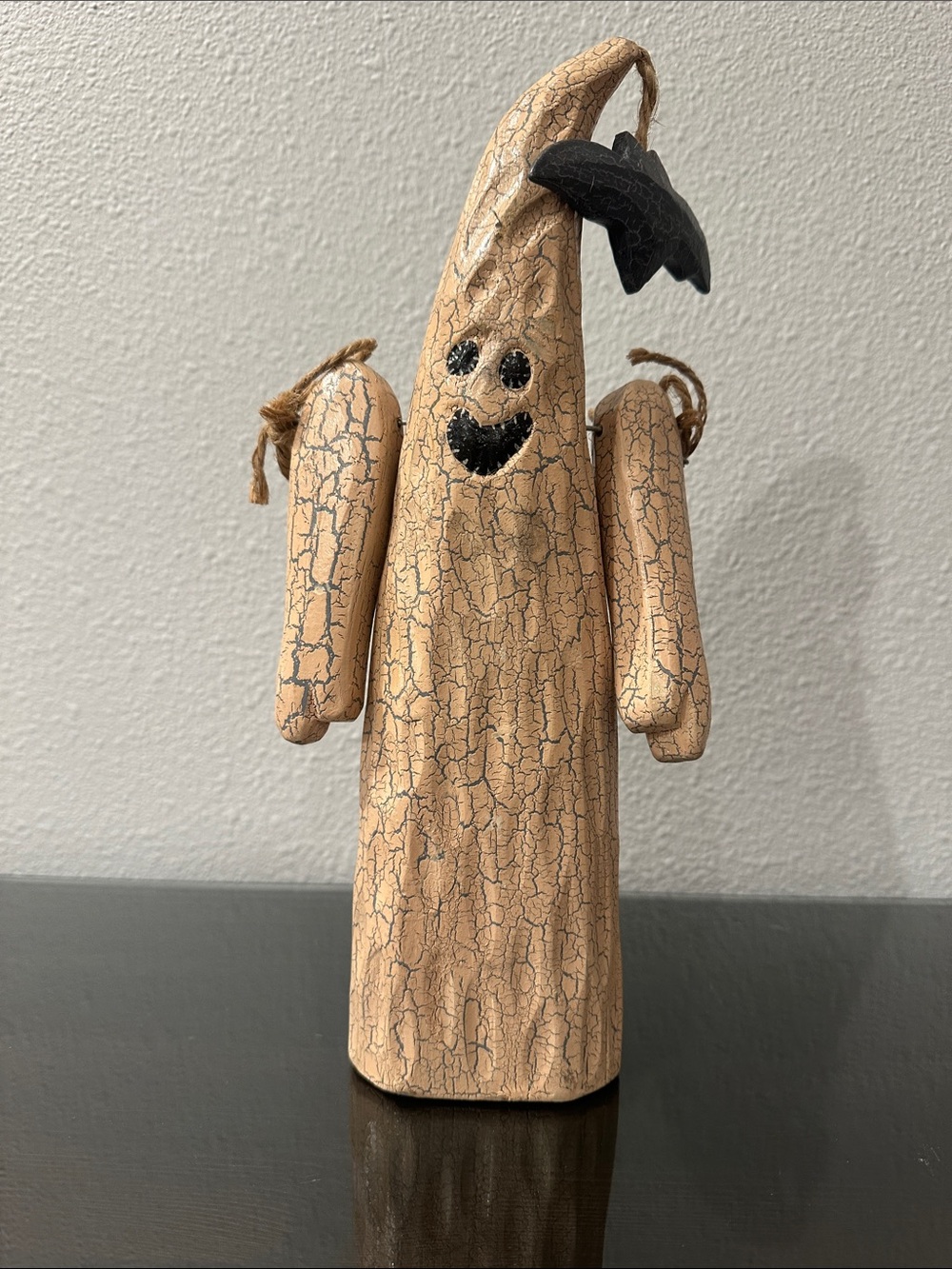 Handcrafted Wooden Beige Crackle Ghost Figurine with Black Accent - Home Accents